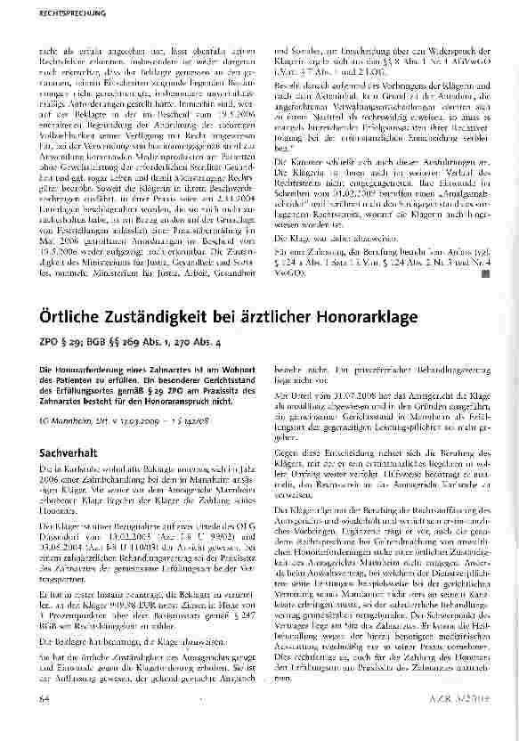 Vorschauseite 1: Örtliche Zuständigkeit bei ärztlicher Honorarklage