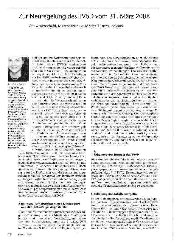Vorschauseite 1: Zur Neuregelung des TVöD vom 31. März 2008