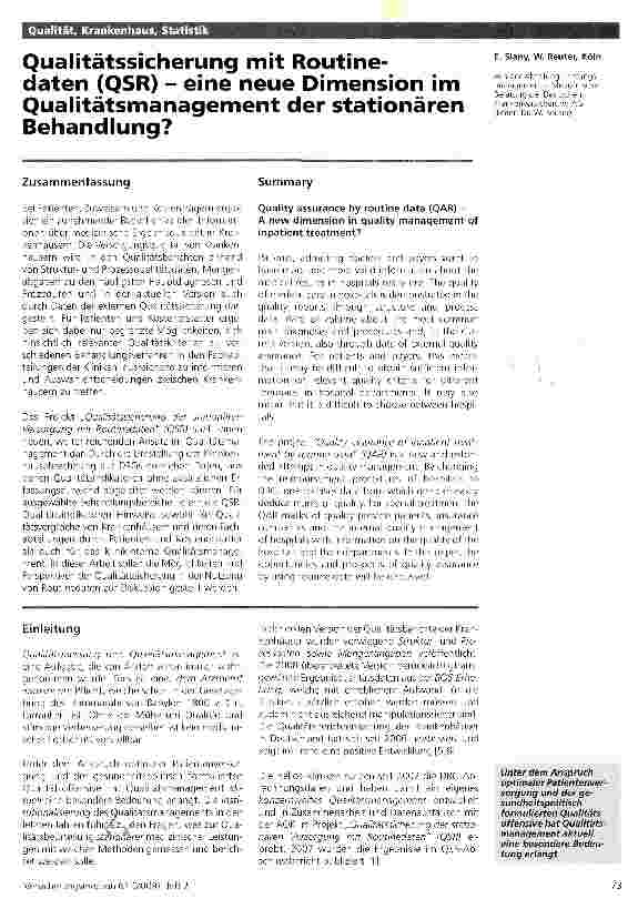 Vorschauseite 1: Qualität, Krankenhaus, StatistikQualitätssicherung mit Routinedaten (QSR) - eine neue Dimension im Qualitätsmanagement der stationären Behandlung?
