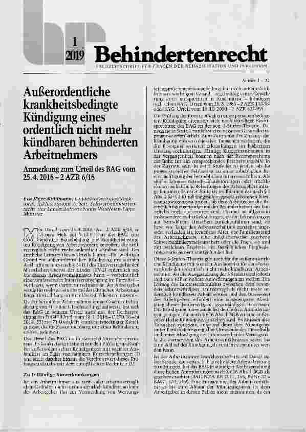 Vorschauseite 1: Außerordentliche krankheitsbedingte Kündigimg eines ordentuch nicht mehr kündbaren behinderten Arbeitnehmers