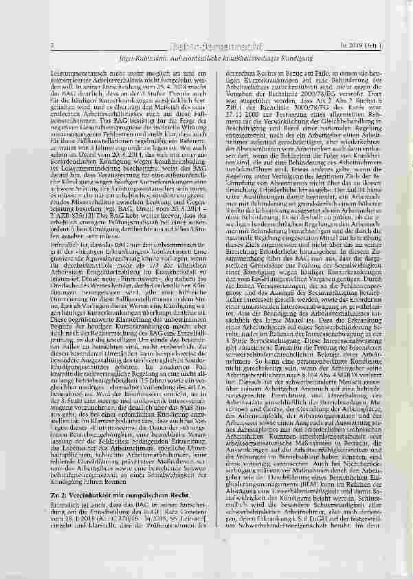 Vorschauseite 2: Außerordentliche krankheitsbedingte Kündigimg eines ordentuch nicht mehr kündbaren behinderten Arbeitnehmers