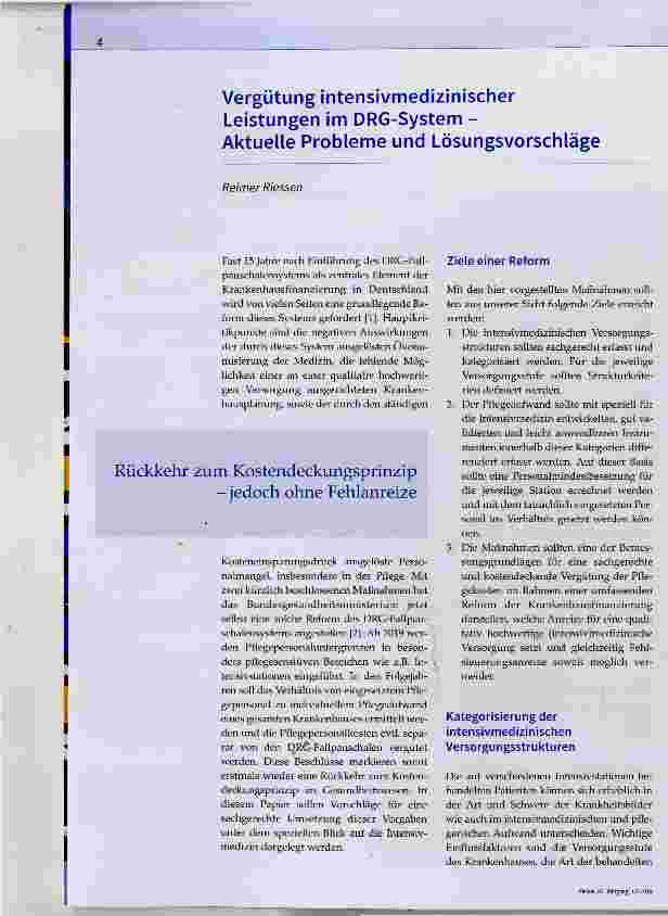 Vorschauseite 1: Vergütung intensivmedizinischer Leistungen im DRG-System Aktuelle Probleme und Lösungsvorschläge