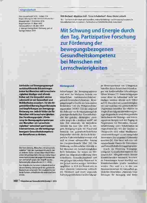 Vorschauseite 1: Mit Schwung und Energie durch den Tag. Partizipative Forschung zur Förderung derbewegungsbezogenen Gesundheitskompetenz bei Menschen mit Lernschwierigkeiten