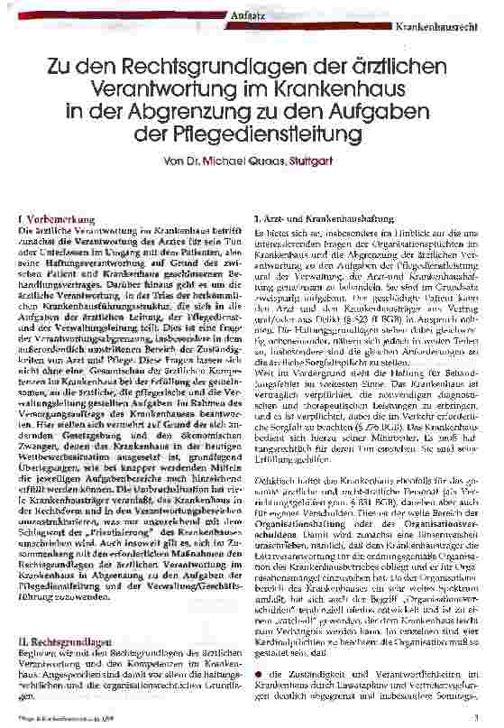 Vorschauseite 1: Zu den Rechtsgrundlagen der ärztlichen Verantwortung im Krankenhaus in der Abgrenzung zu den Aufgaben der Pflegedienstleitung