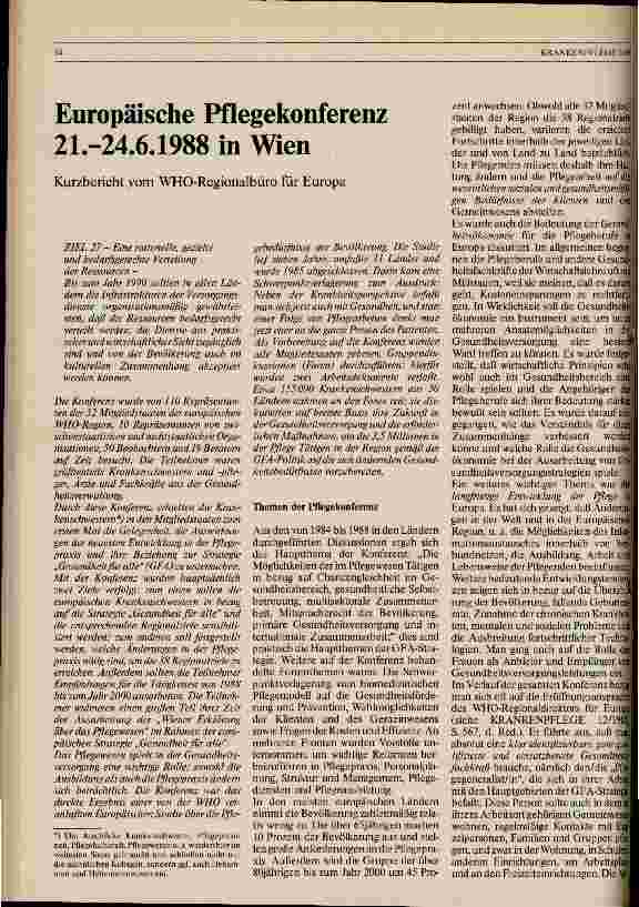 Vorschauseite 1: Europäische Pflegekonferenz 21. - 24.06.1988 in Wien