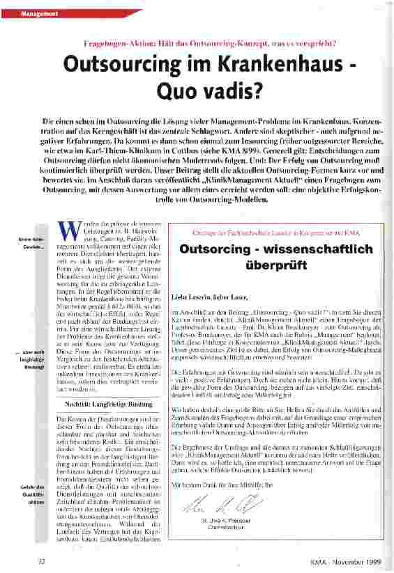 Vorschauseite 1: Outsourcing im Krankenhaus - quo vadis? Fragebogen-Aktion: hält das Outsourcing-Konzept was es verspricht?