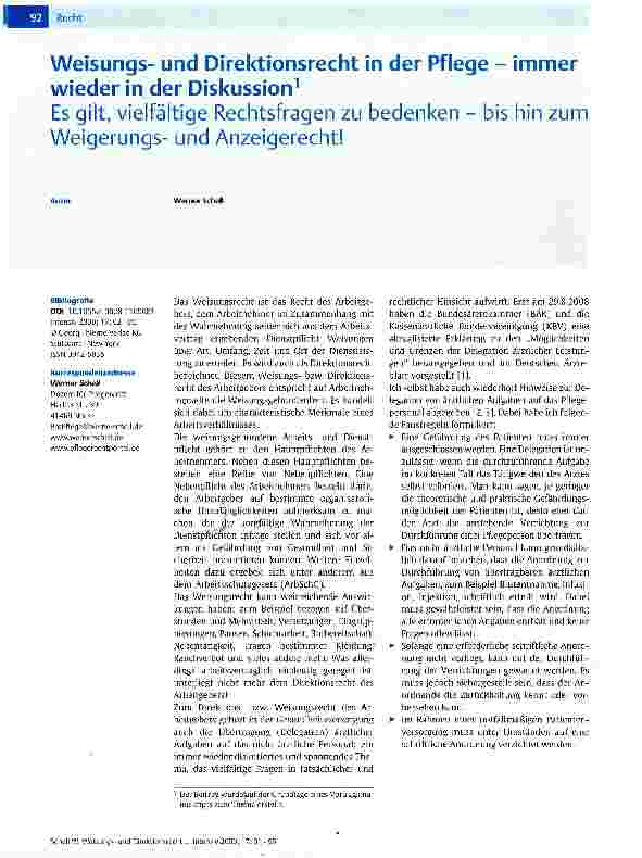 Vorschauseite 1: Weisungsund Direktionsrecht in der Pflege - immer wieder in der Diskussion