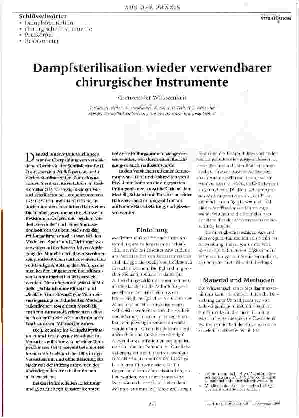 Vorschauseite 1: Dampf Sterilisation wieder verwendbarer chirurgischer Instrumente