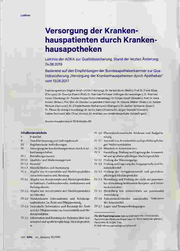 Vorschauseite 1: Versorgung der Krankenhauspatienten durch Krankenhausapotheken