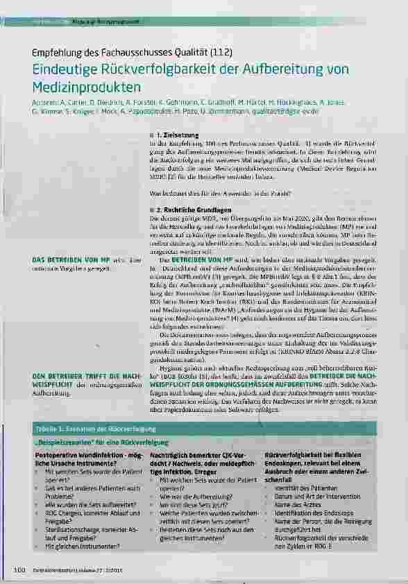 Vorschauseite 1: Empfehlung des Fachausschusses Qualität (112) Eindeutige Rückverfoigbarkeit der Aufbereitung von Medizinprodukten