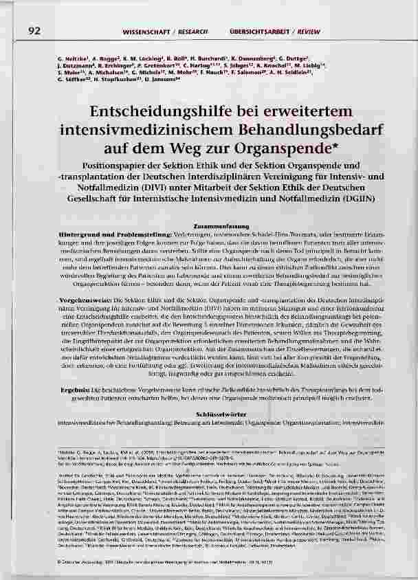 Vorschauseite 1: Entscheidungshilfe bei erweitertem intensivmedizinischem Behandlungsbedarf auf dem Weg zur Organspende