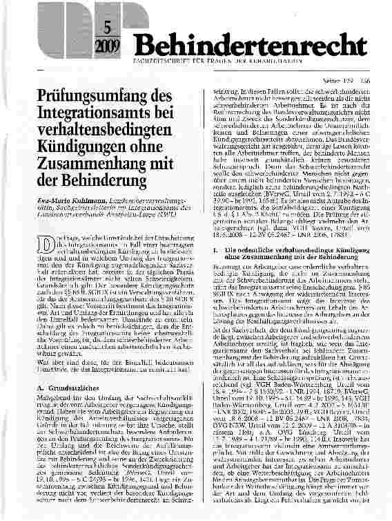 Vorschauseite 1: Prüfungsumfang des Integrationsamts bei verhaltensbedingten Kündigungen ohne Zusammenhang mit der Behinderung