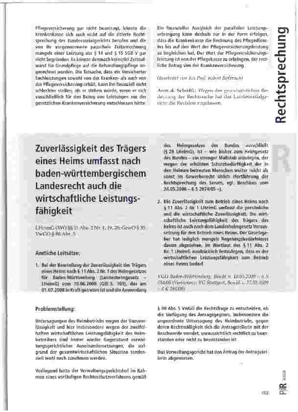 Vorschauseite 1: Zuverlässigkeit des Trägers eines Heims umfasst nach baden-württembergischem Landesrecht auch die wirtschaftliche Leistungsfähigkeit