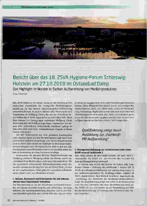 Vorschauseite 1: Bericht über das 18. ZSVA Hygiene-Forum Schieswig-Holstein am 27. 10. 2018 im Ostseebad Damp
