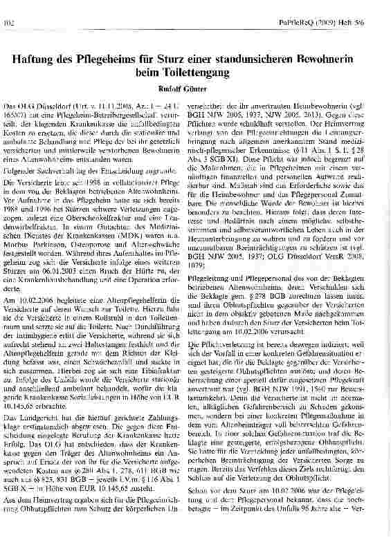 Vorschauseite 1: Haftung des Pflegeheims für Sturz einer standunsicheren Bewohnerin beim Toilettengang