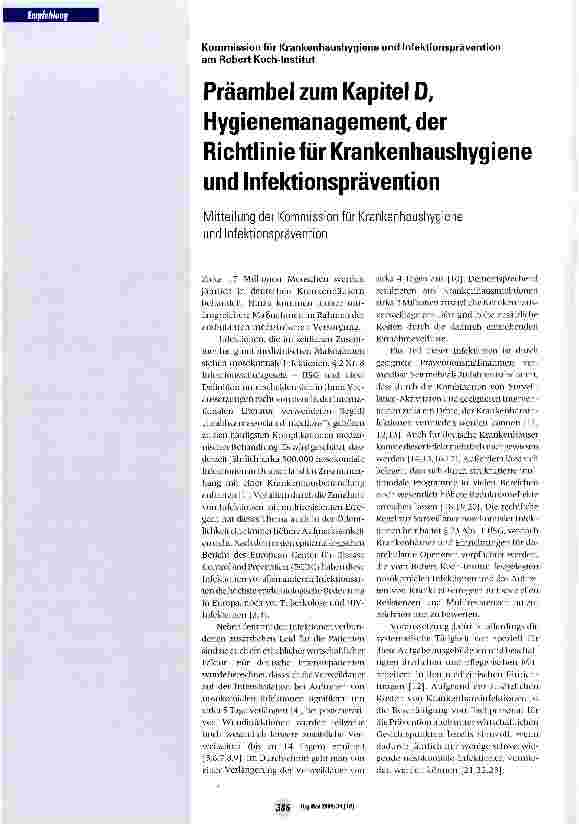 Vorschauseite 1: Präambel zum Kapitel D, Hygienemanagement der Richtlinie für Krankenhaushygiene und Infektionsprävention