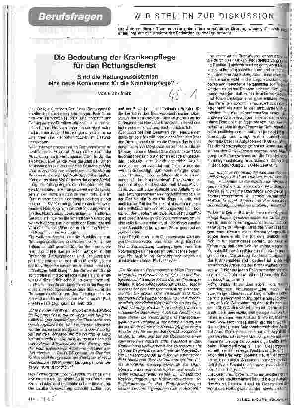 Vorschauseite 1: Die Bedeutung der Krankenpflege für den Rettungsdienst Sind die Rettungsassistenten eine neue Konkurrenz für Krankenpflege?