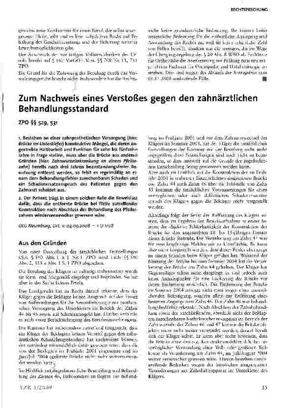 Vorschauseite 1: Zum Nachweis eines Verstoßes gegen den zahnärztlichen Behandlungsstandard