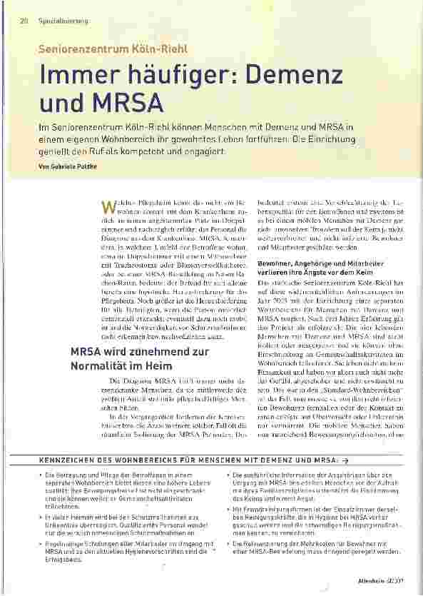 Vorschauseite 1: Seniorenzentrum Köln-RiehLImmer häufiger: Demenz und MRSA