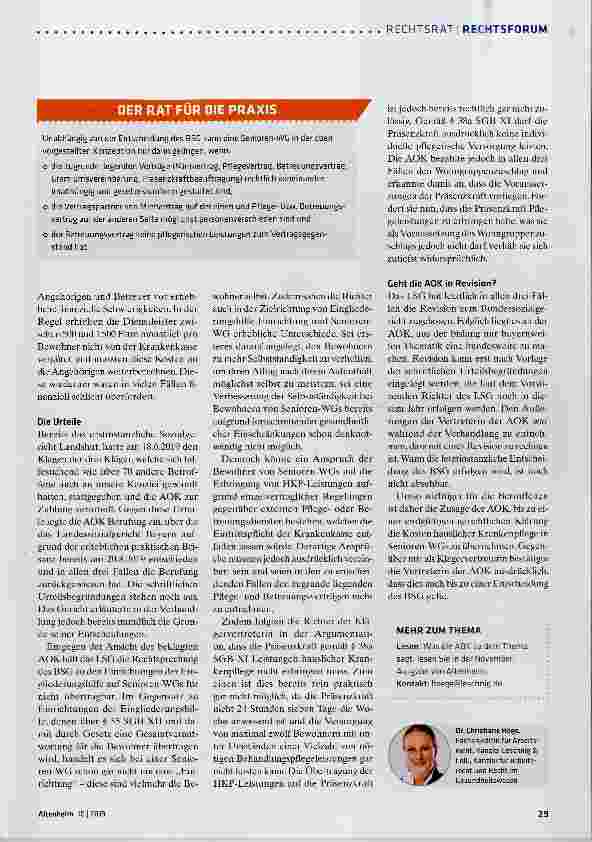 Vorschauseite 2: Behandlungspflege in Senioren-WGs: Krankenkasse muss zahlen