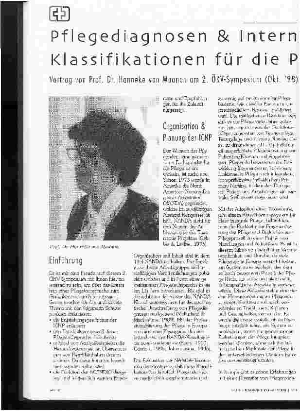 Vorschauseite 1: Pflegediagnosen & Internationale Klassifikationen für die Pflege Vortrag von Prof. Dr. Hanneke van Maanen am 2. ÖKV-Symposium (Okt. 98): Pflegediagnosen & ICNP