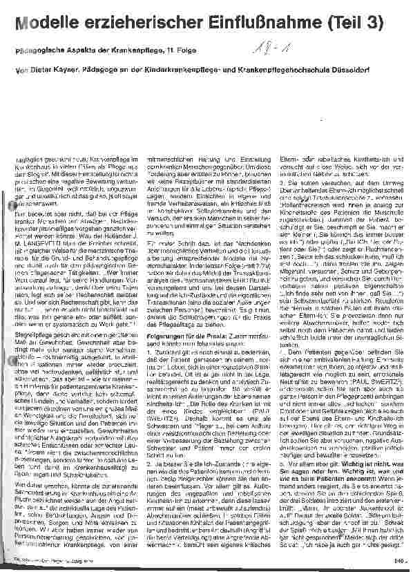 Vorschauseite 1: Modelle erzieherischer Einflußnahme Teil 3 Pädagogische Aspekte der Krankenpflege 11. Folge
