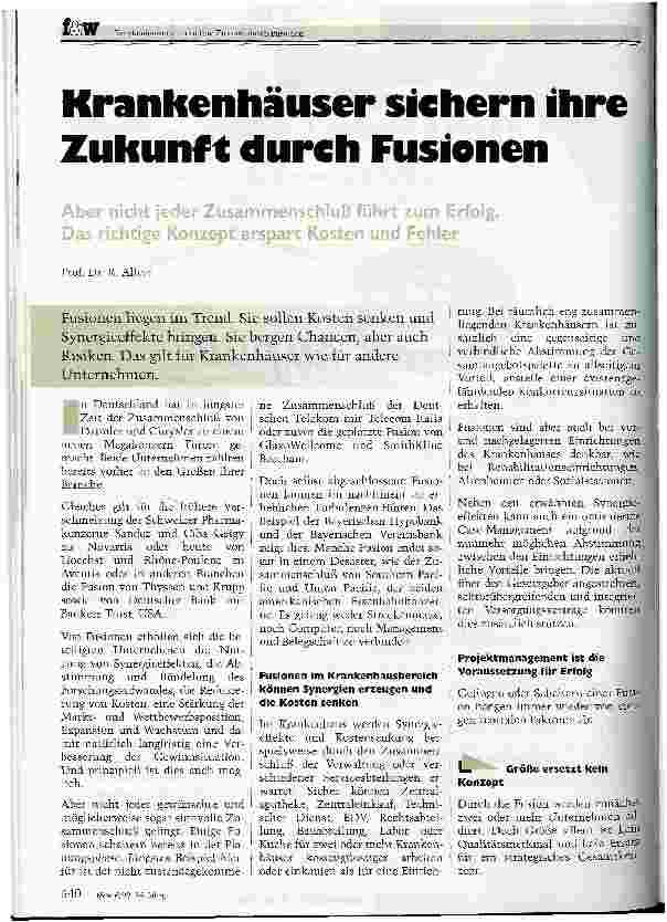 Vorschauseite 1: Krankenhäuser sichern ihre Zukunft durch Fusionen