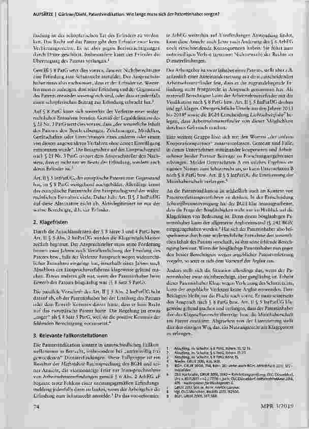 Vorschauseite 2: Patentvindikation: Wie lange muss sich der Patentinhaber sorgen? Zugleich eine Anmerkung zu LG München I, Urteil vom 21.11.2018 21 011279/17*