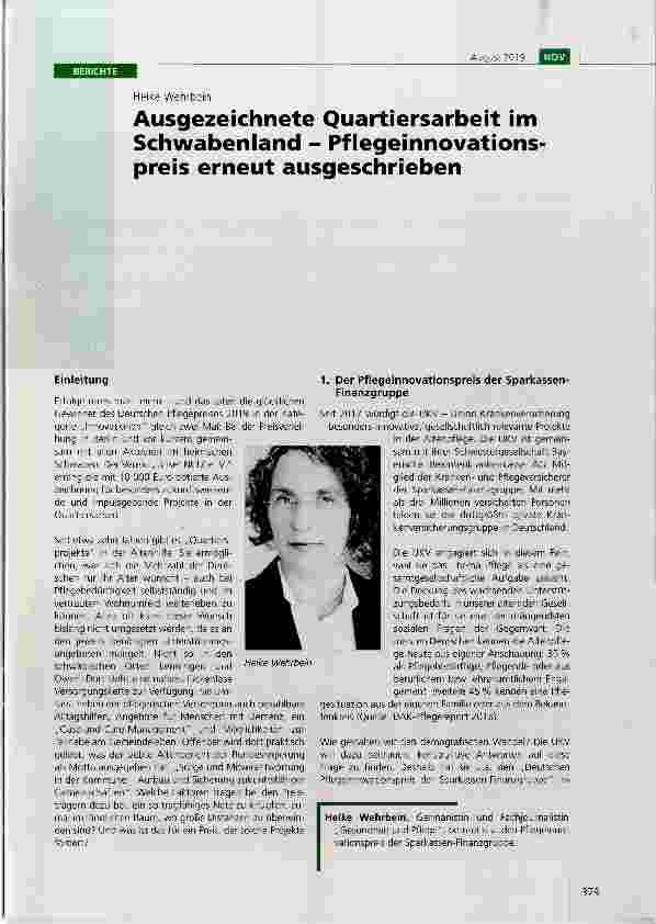 Vorschauseite 1: Ausgezeichnete Quartiersarbeit im Schwabenland Pflegeinnovationspreis erneut ausgeschrieben