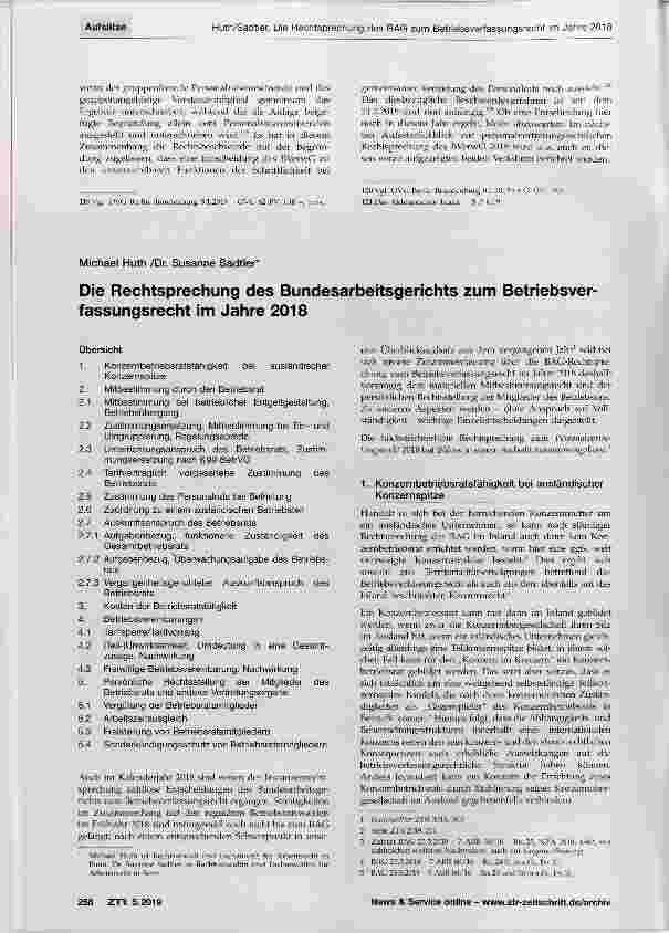 Vorschauseite 1: Die Rechtsprechung des Bundesarbeitsgerichts zum Betriebsverfassungsrecht im Jahre 2018