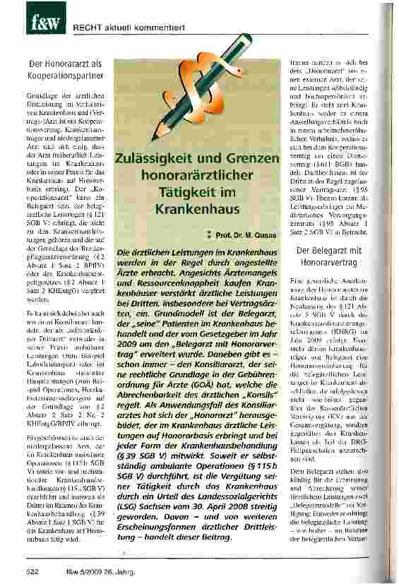 Vorschauseite 1: Zulässigkeit und Grenzen honorarärztlicher Tätigkeiten im Krankenhaus
