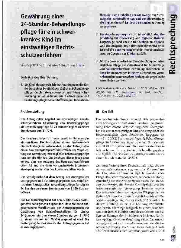 Vorschauseite 1: Gewährung einer 24-Stunden-Behandlungs-pflege für ein schwerkrankes Kind im einstweiligen Rechtsschutzverfahren