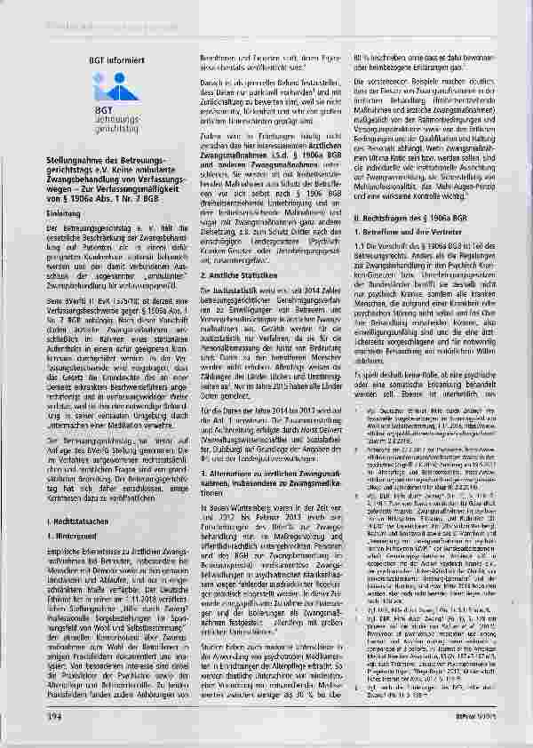 Vorschauseite 1: Stellungnahme des Betreuungsgerichtstags e.V. Keine ambulante Zwangsbehandlung von Verfassungswegen - Zur Verfassungsmäßigkeit von § 1906a Abs. 1 Nr. 7 BGB