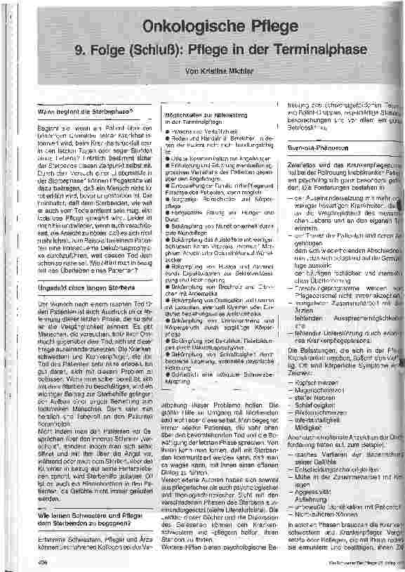 Vorschauseite 1: Onkologische Pflege 9. Folge (Schluß): Pflege in der Terminalphase