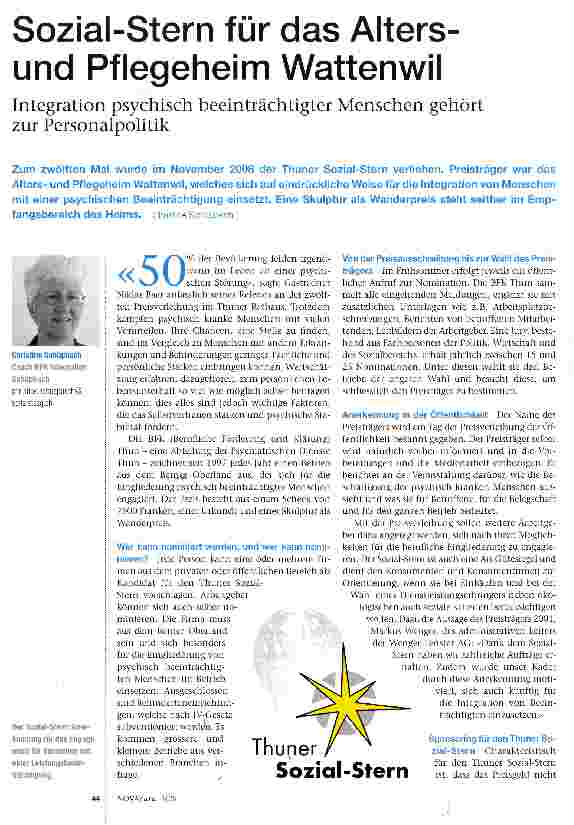 Vorschauseite 1: Sozial-Stern für das Altersund Pflegeheim WattenwilIntegration psychisch beeinträchtigter Menschen gehört zur Personalpolitik