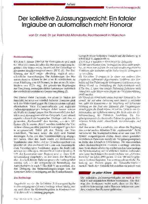 Vorschauseite 1: Der kollektive Zulassungsverzicht: Ein fataler Irrglaube an automatisch mehr Honorar