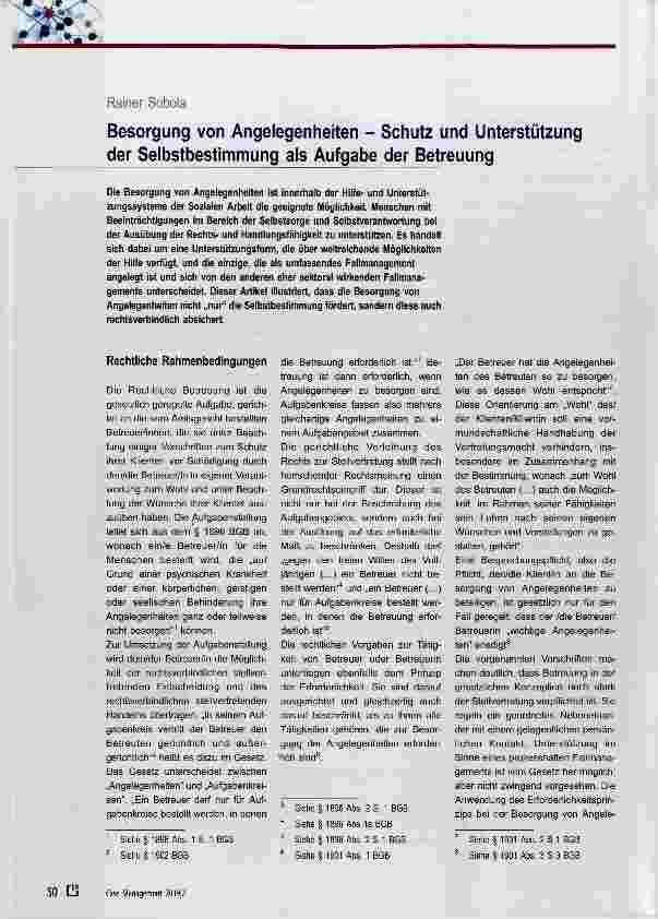 Vorschauseite 1: Besorgung von Angelegenheiten - Schutz und Unterstützung der Selbstbestimmung als Aufgabe der Betreuung