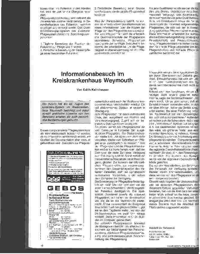 Vorschauseite 2: Das Excelcare-Pflegesystem (gekürzt) Informationsbesuch im Kreiskrankenhaus Weymouth