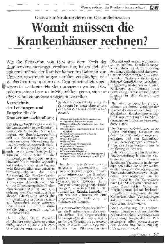 Vorschauseite 1: Gesetz zur Strukturreform im Gesundheitswesen Womit müssen die Krankenhäuser rechnen