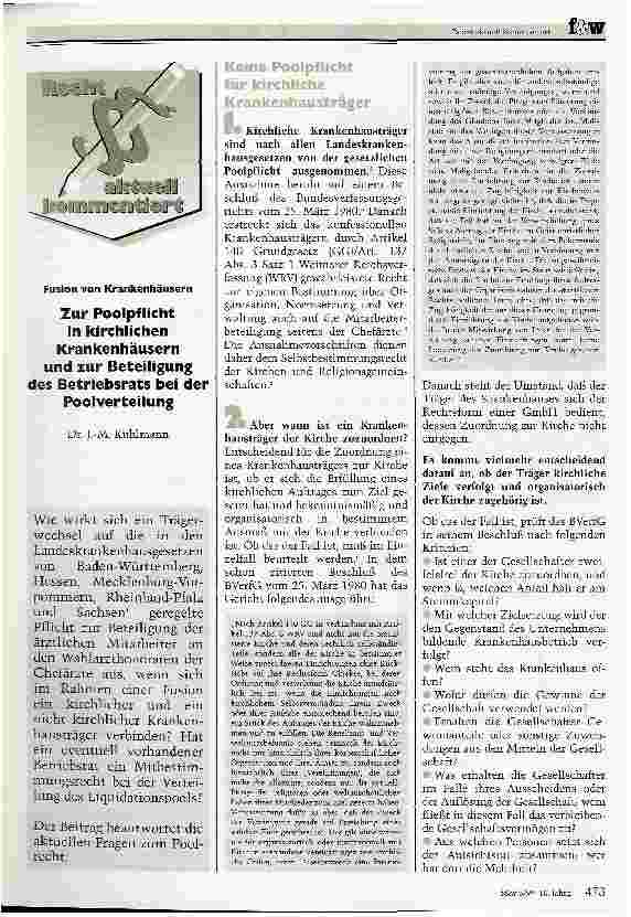 Vorschauseite 1: Zur Poolpflicht in kirchlichen Krankenhäusern und zur Beteiligung des Betriebsrats bei der Poolverteilung Fusion von Krankenhäusern