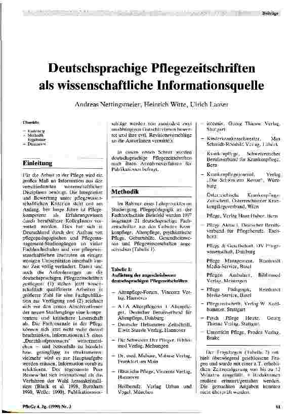 Vorschauseite 1: Deutschsprachige Pflegezeitschriften als wissenschaftliche Informationsquelle