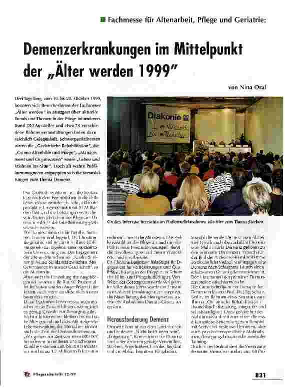 Vorschauseite 1: Demenzerkrankungen im Mittelpunkt der Älter werden 1999 Fachmesse für Altenarbeit, Pflege und Geriatrie