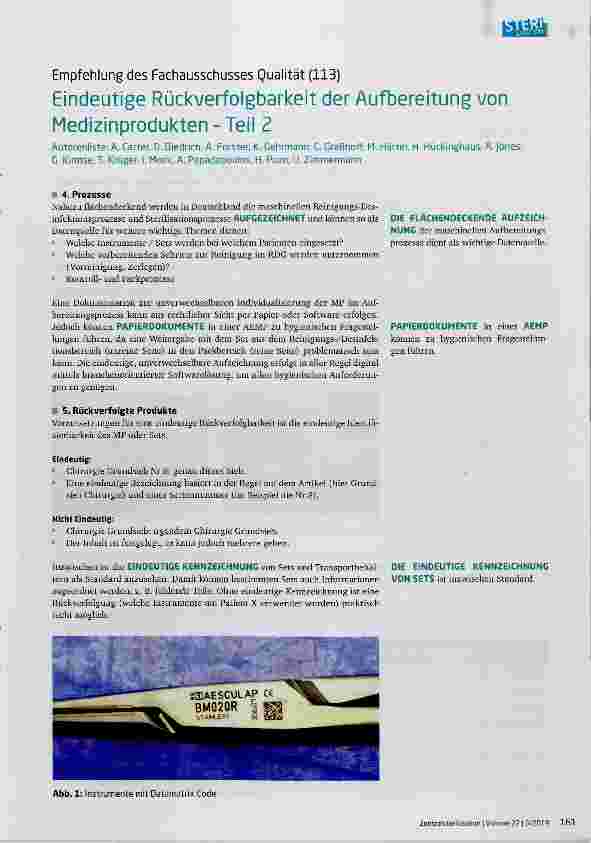 Vorschauseite 1: Empfehlung des Fachausschusses Qualität (113) Eindeutige Rückverfolgbarkeit der Aufbereitung von Medizinprodukten Teil 2