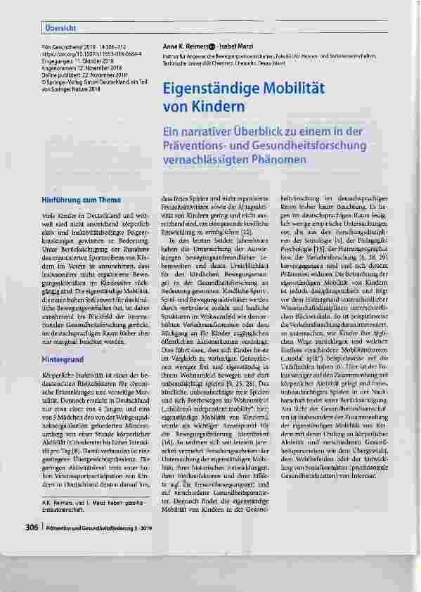 Vorschauseite 1: Eigenständige Mobilität von Kindern Ein narrativer Überblickzu einem in der Präventionsund Gesundheitsforschung vernachlässigten Phänomen