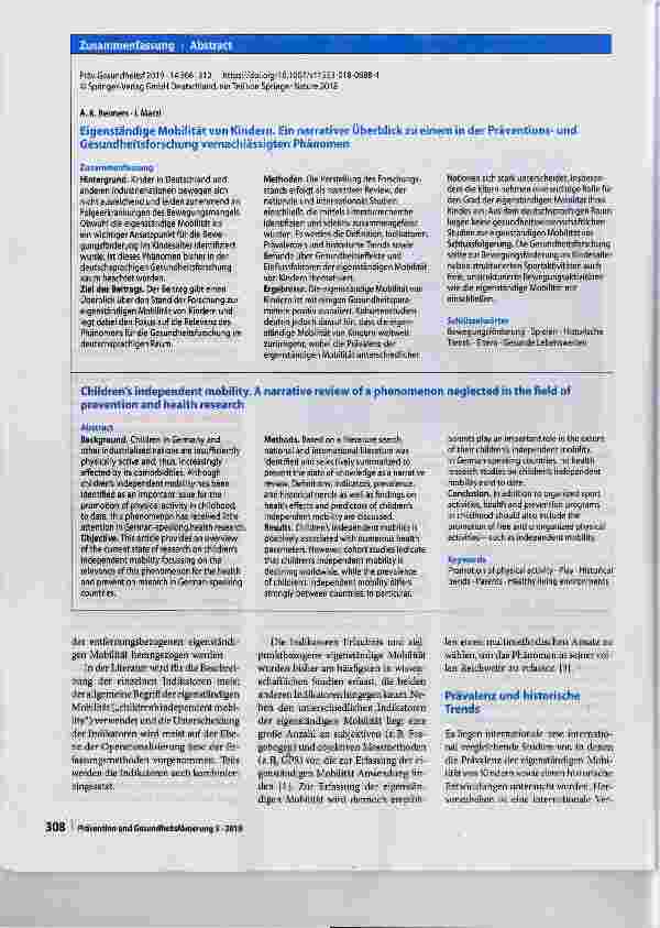 Vorschauseite 3: Eigenständige Mobilität von Kindern Ein narrativer Überblickzu einem in der Präventionsund Gesundheitsforschung vernachlässigten Phänomen