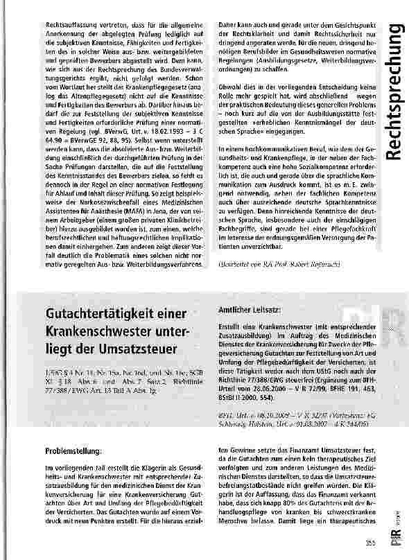 Vorschauseite 1: Gutachtertätigkeit einer Krankenschwester unterliegt der Umsatzsteuer