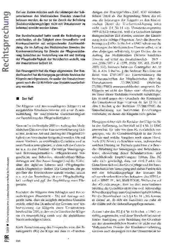 Vorschauseite 2: Gutachtertätigkeit einer Krankenschwester unterliegt der Umsatzsteuer