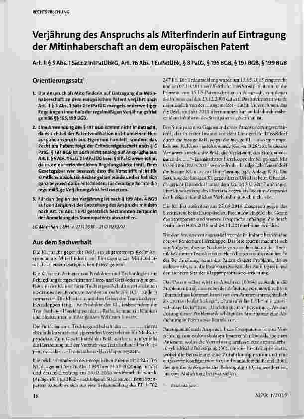 Vorschauseite 1: Verjährung des Anspruchs als Miterfinderin auf Eintragung der Mitinhaberschaft an dem europäischen Patent