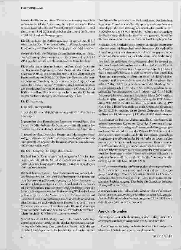 Vorschauseite 3: Verjährung des Anspruchs als Miterfinderin auf Eintragung der Mitinhaberschaft an dem europäischen Patent