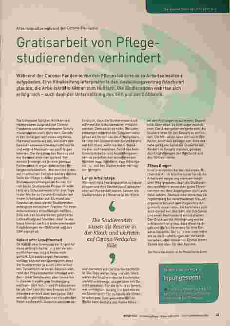 Vorschauseite 1: Arbeitseinsätze während der Corona-Pandemie: Gratisarbeit von Pflegestudierenden verhindert